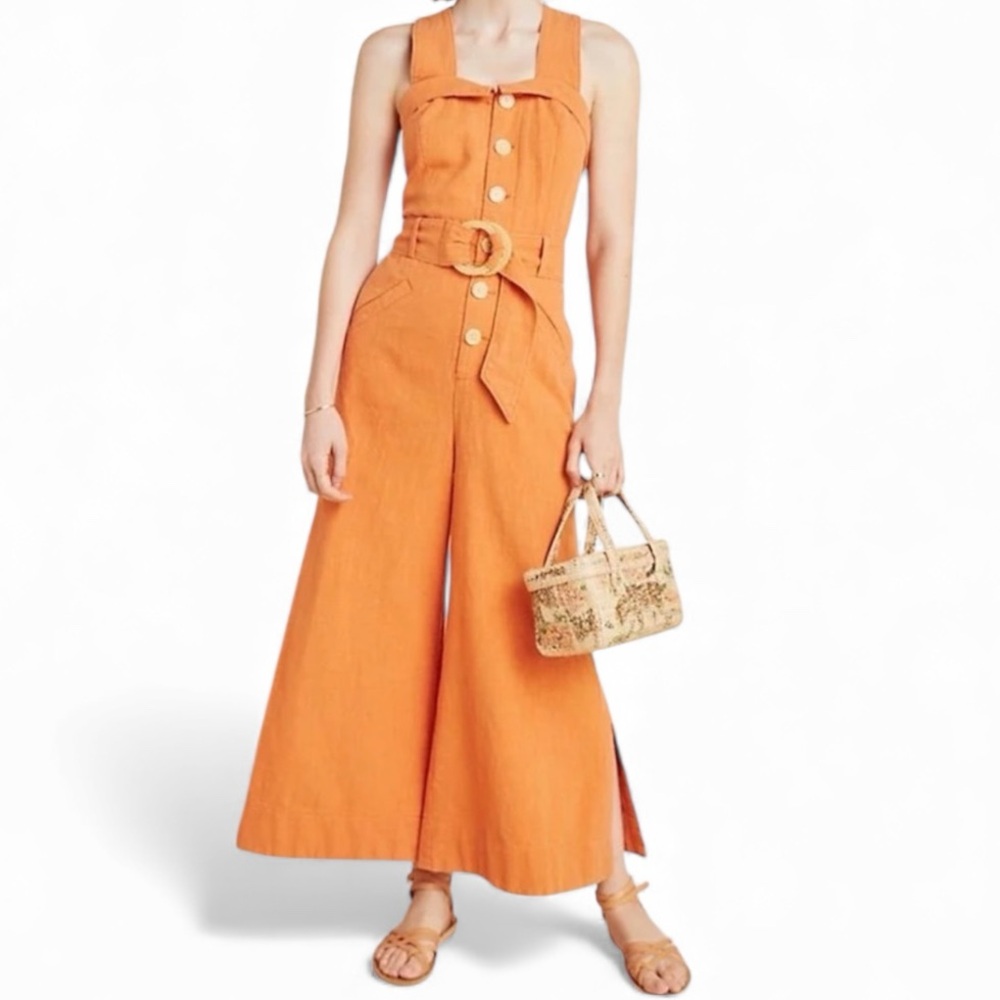 Anthropologie Cape Cod Cool orange‎ Jumpsuit wide leg linen blend Sz 2